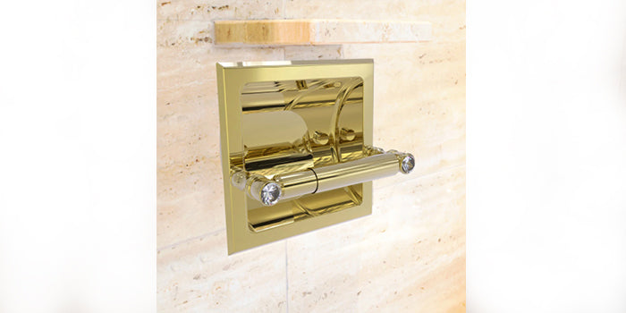 Brass toilet paper holder with crystal inlay, fits in recessed space